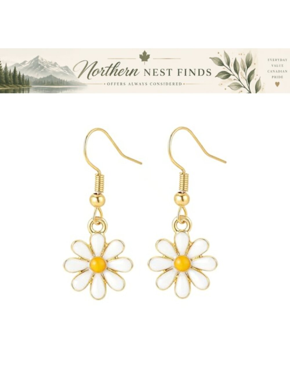 Daisy Flower Dangle Earrings White Enamel Yellow Center Gold-Tone